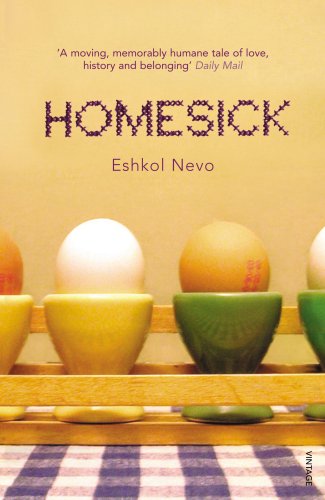 Book cover: "Homesick" with eggs in colorful holders on a tray.