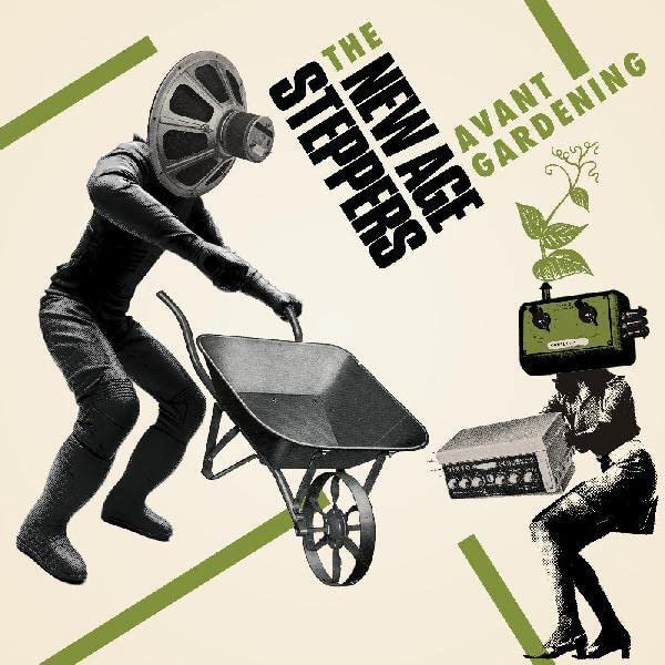 A figure with a speaker head pushes a wheelbarrow toward a figure with electronics.