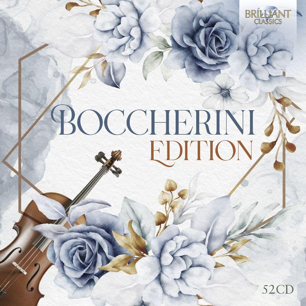 CD cover with floral design, violin, and “Boccherini Edition” text.