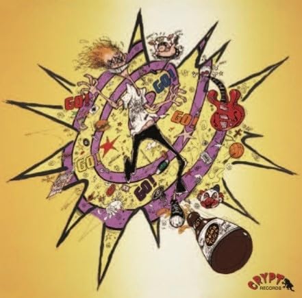 Cartoon illustration of figures and objects against a yellow, spiky sun.