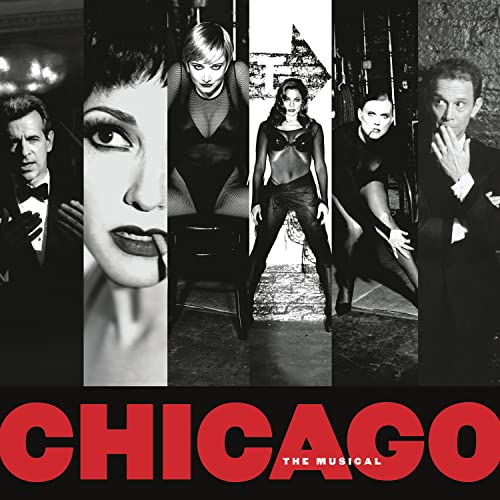 Black and white cast photo for the musical “Chicago”, with red title.