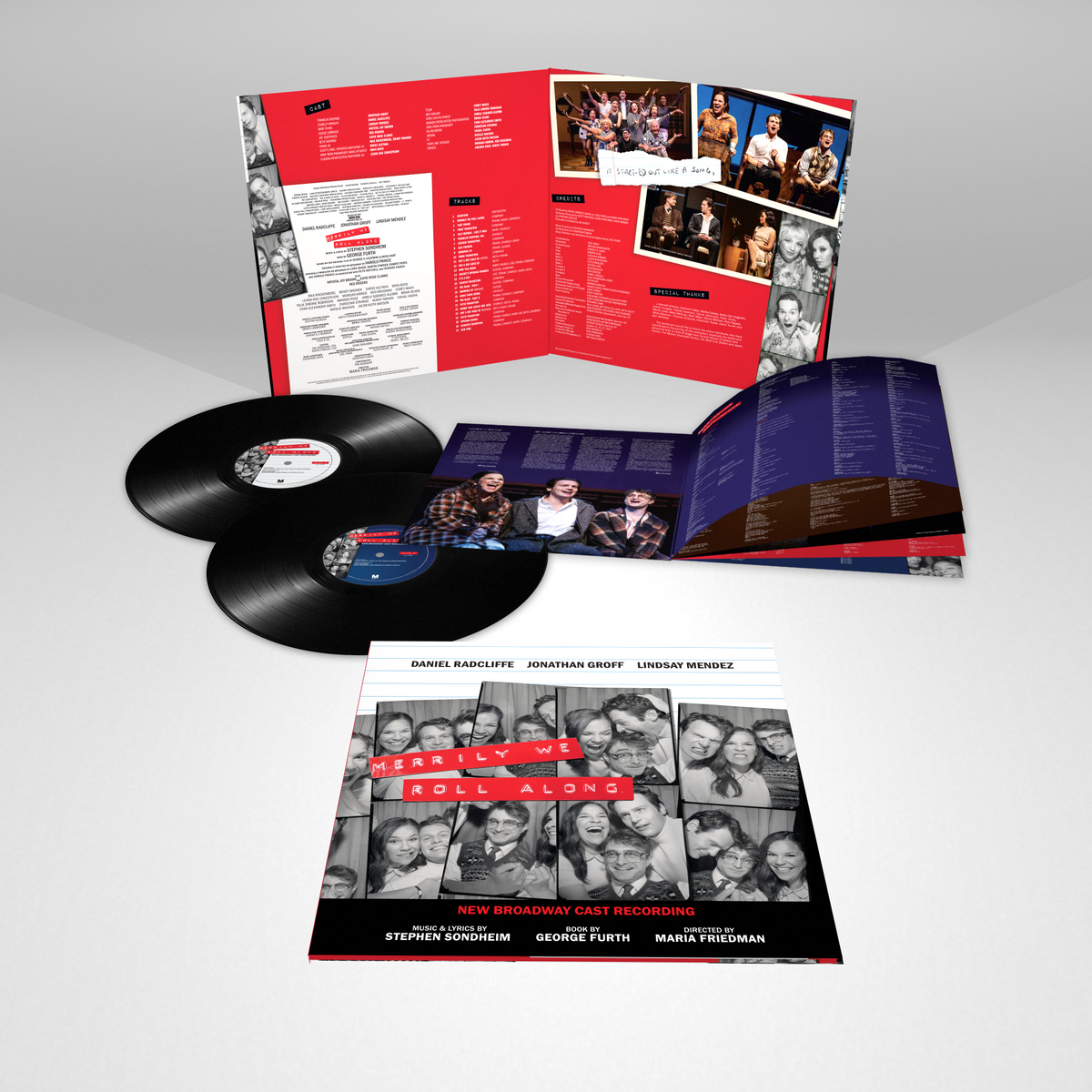 Merrily We Roll Along vinyl record set with gatefold cover, tracklist, and two black discs.