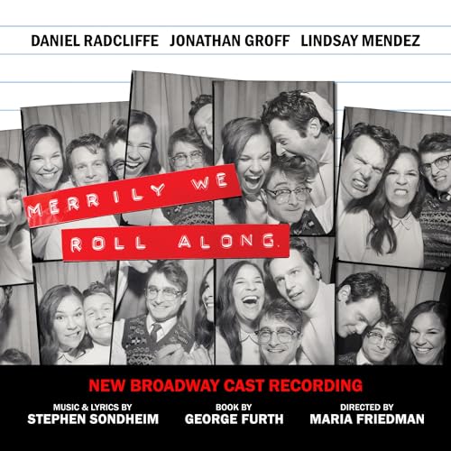 Black and white photo collage of the Merrily We Roll Along cast on notebook paper.