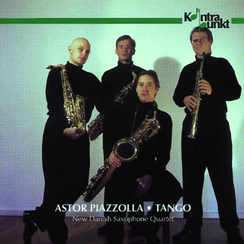 Four saxophone players in black clothing, album cover for Piazzolla's Tango.
