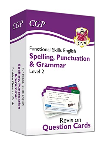 Purple box of CGP Functional Skills English Level 2 revision question cards.