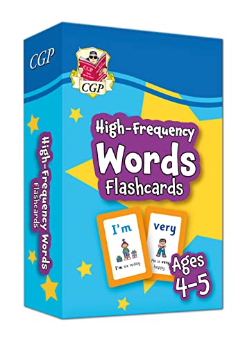 CGP High-Frequency Words flashcard box for ages 4-5 with two sample cards shown.