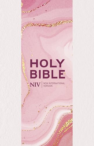 NIV Holy Bible with a pastel pink and gold marble pattern cover.