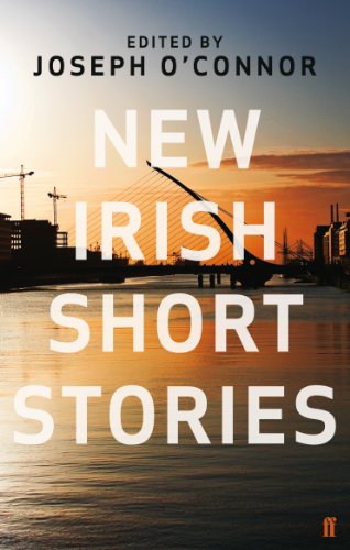 Book cover: "New Irish Short Stories" with a bridge at sunset.