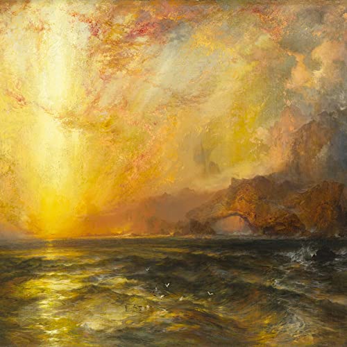 Impressionistic painting of a stormy seascape with golden light.