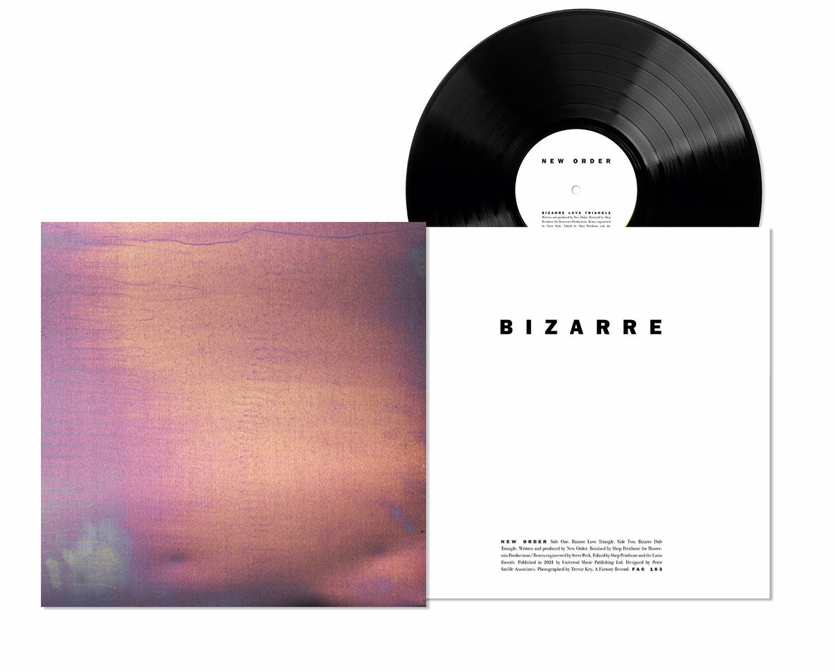 New Order “Bizarre Love Triangle” vinyl record with colorful sleeve.