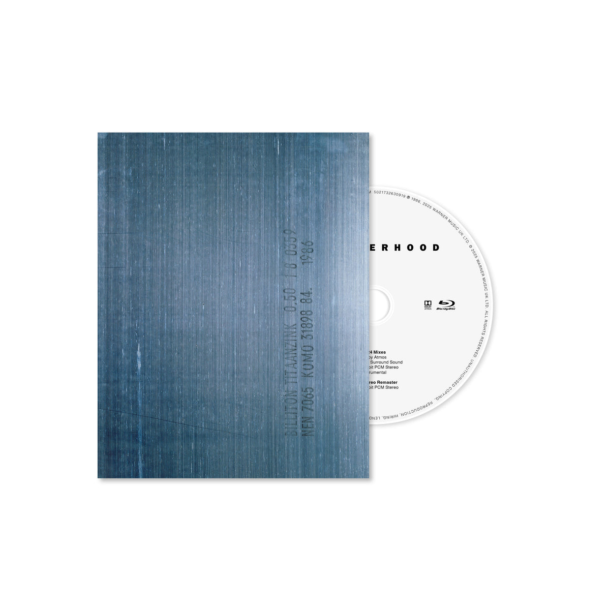 Blu-ray disc case for New Order’s “Brotherhood” audio album, white cover.