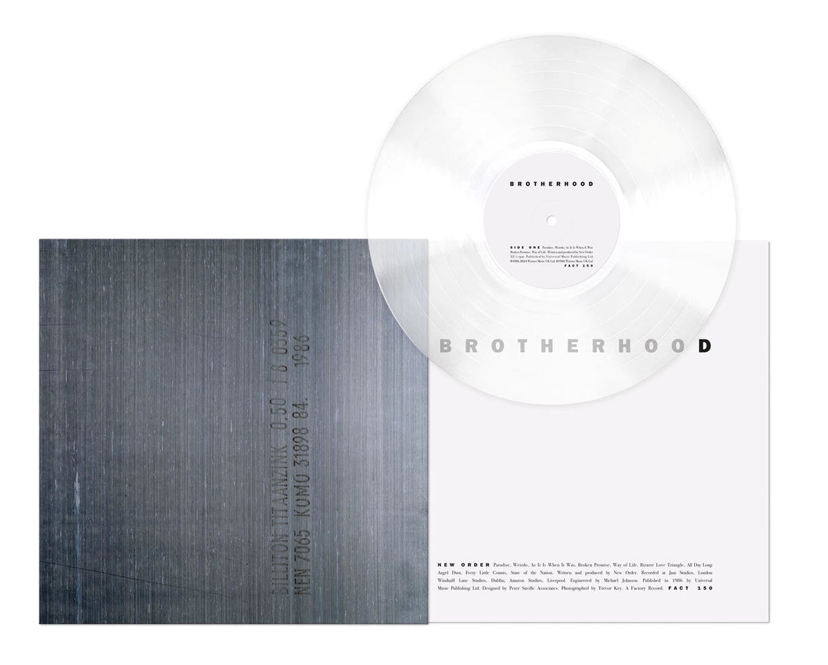 Clear vinyl LP of New Order’s “Brotherhood” with textured album cover.
