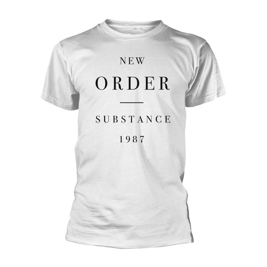 White t-shirt with black text reading "NEW ORDER SUBSTANCE 1987".