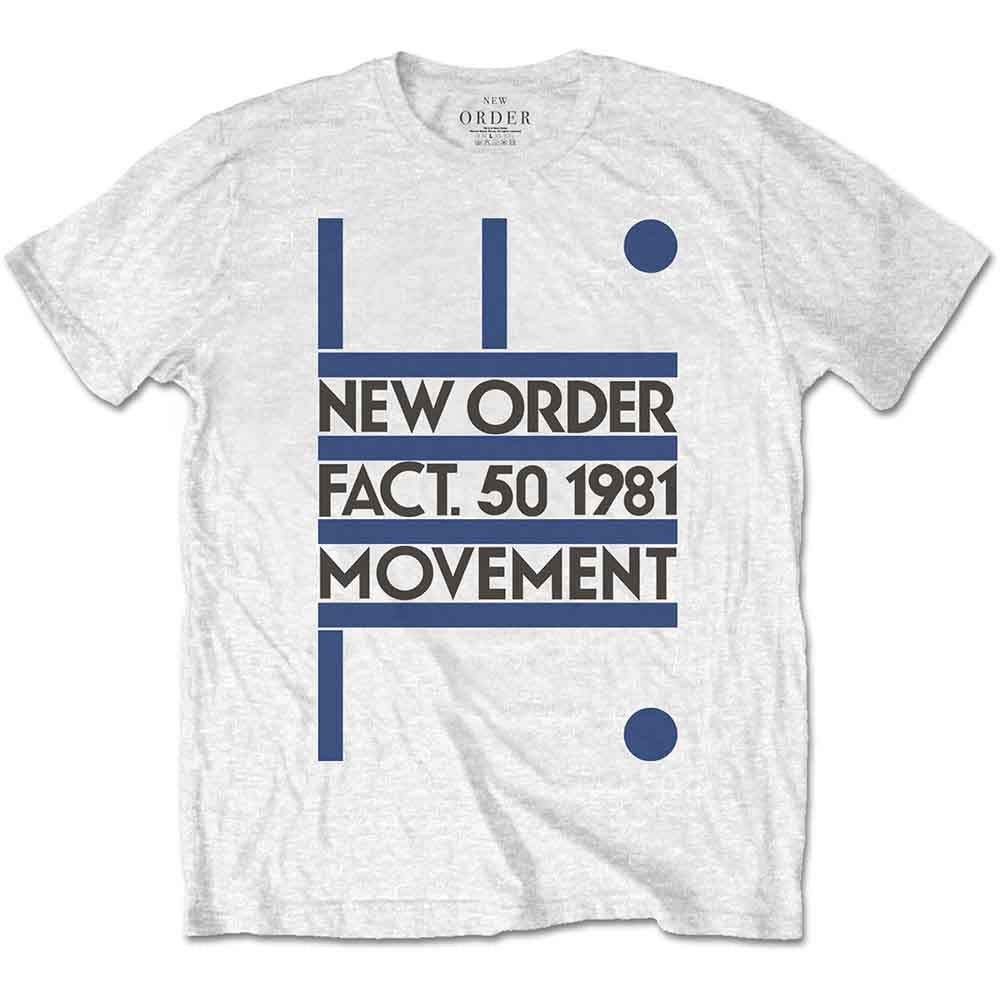 White unisex t-shirt with blue graphic text New Order Fact 50 1981 Movement.