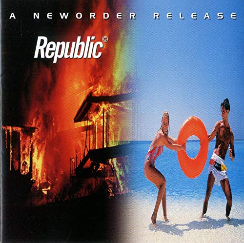 New Order’s “Republic” CD cover: beach scene with burning building.
