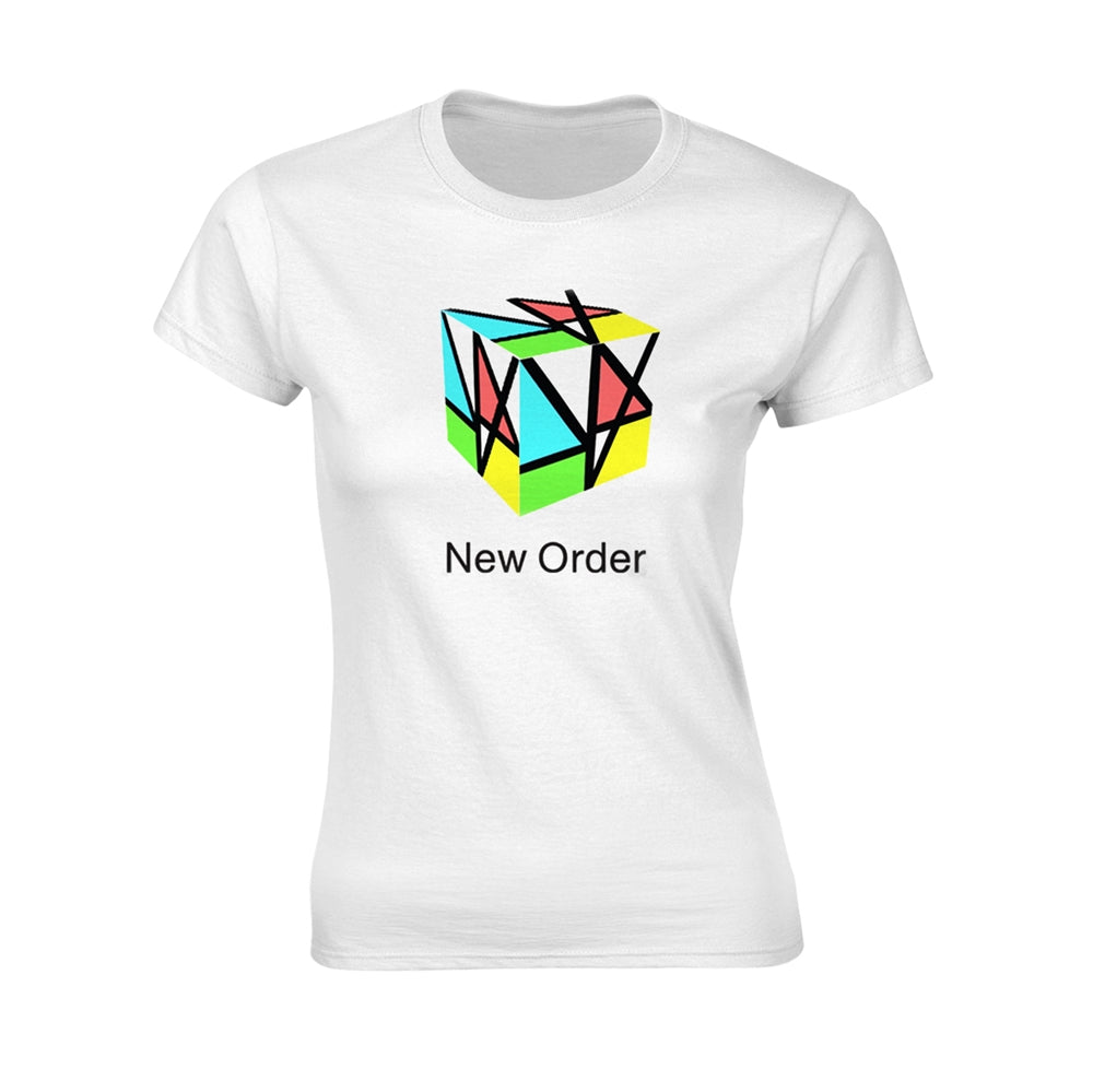 White women’s t-shirt with colorful geometric Rubik’s Cube design and “New Order” text.