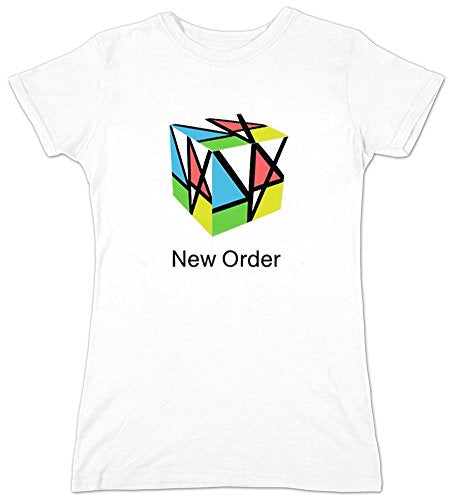 White t-shirt with colorful Rubik's Cube graphic and "New Order" text.