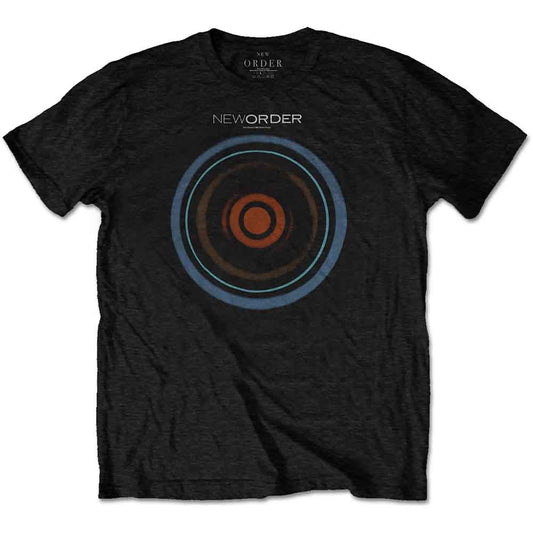 Black t-shirt with New Order logo and Blue Monday circular graphic on the front.