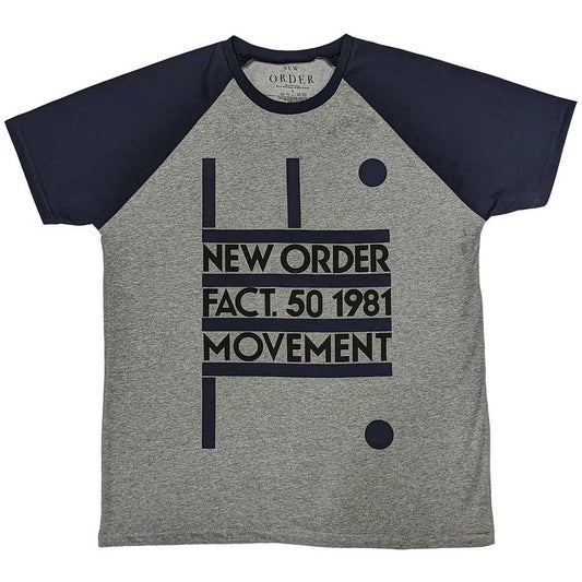 Dark raglan t-shirt with “Movement” graphic, New Order band logo, size large.