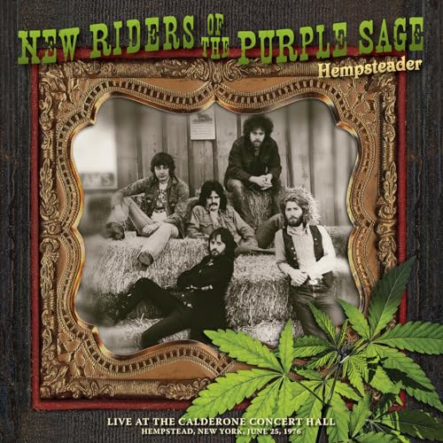 Vintage-style photo of five band members on hay bales inside an ornate gold frame.