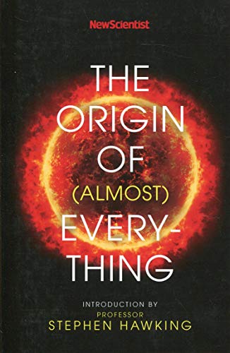 Book cover with fiery sun image and large white text: "The Origin of (almost) Everything".