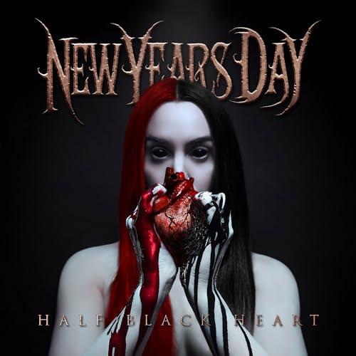 Album cover: woman holding a bleeding heart, split red and black.