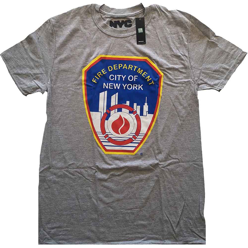 Grey t-shirt featuring a New York City Fire Department badge graphic on the chest.