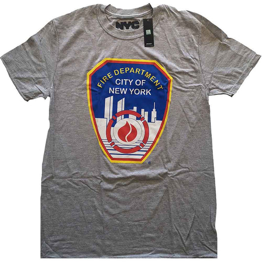 Grey t-shirt featuring a New York City Fire Department badge graphic on the chest.