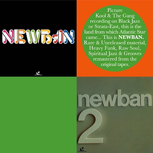 "Album cover with 'Newban' in colorful, musical note-filled letters on a black background."