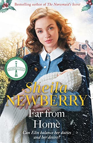 Book cover: woman holding a baby, snowy village background, title "Far from Home".