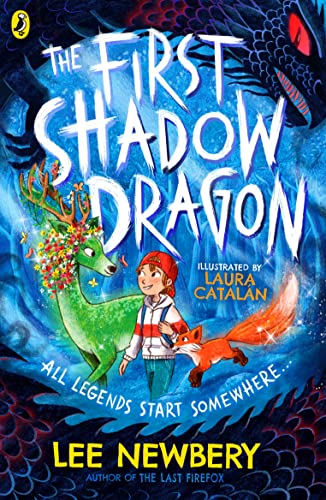 Book cover featuring a boy, a glowing deer, and a fox in a swirling blue scene.