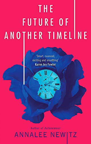 Book cover: pink background, blue rose with a clock inside, white text.