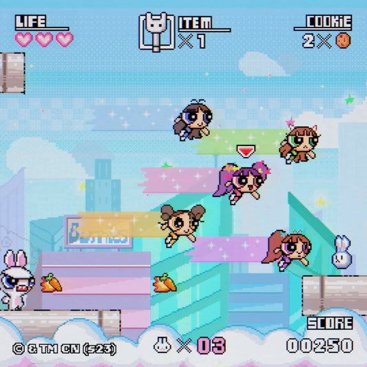 Pixel art of NewJeans members inspired by the Powerpuff Girls.