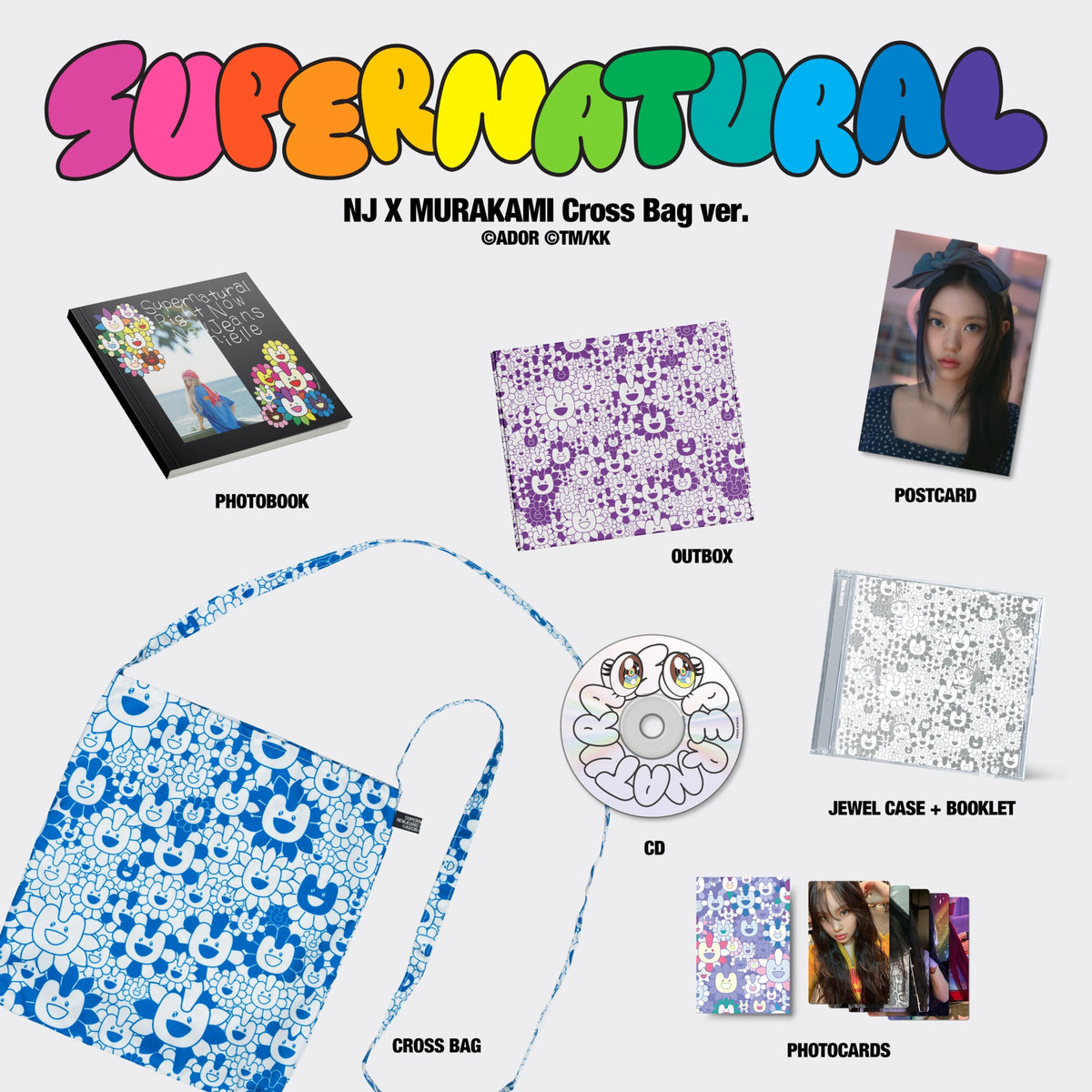 NewJeans 'Supernatural' CD album contents: photobook, bag, CD, and cards.