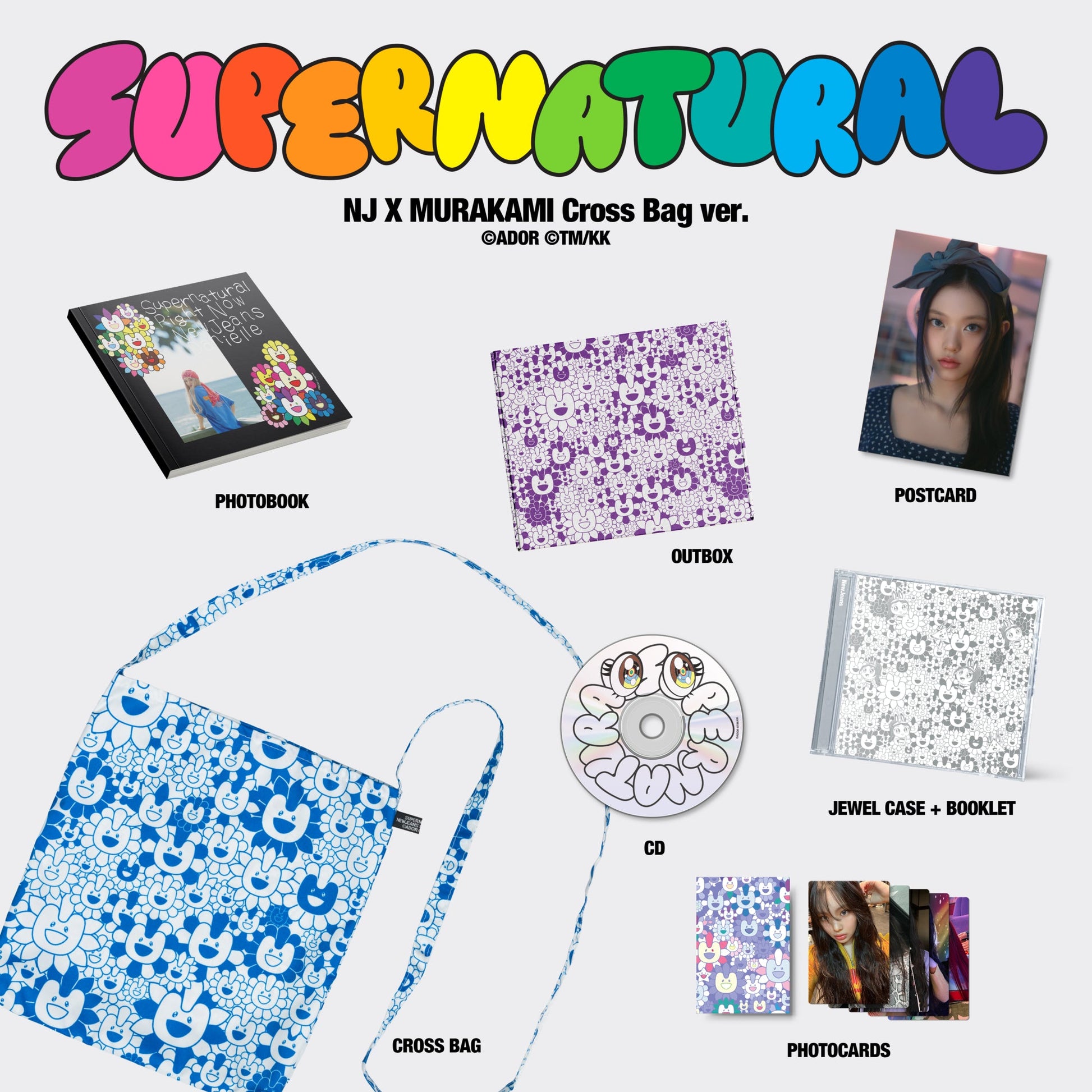 NewJeans 'Supernatural' CD album contents: photobook, bag, CD, and cards.