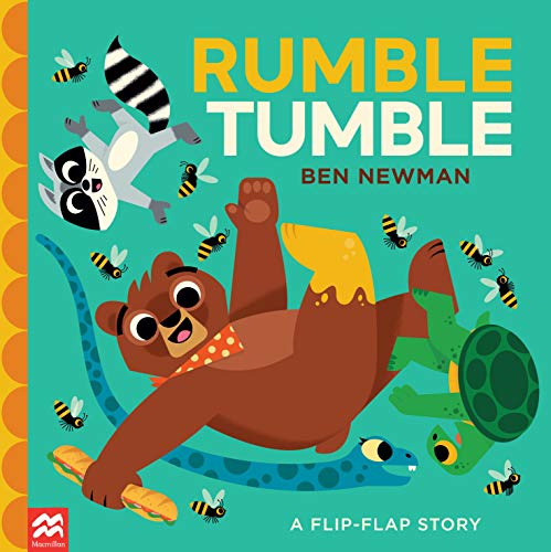 Book cover: animals tumbling, bees flying, bright colors, and bold text.
