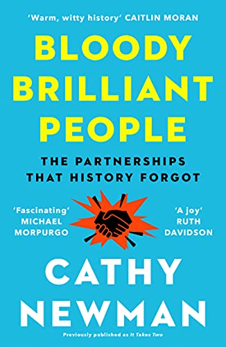 Book cover: "Bloody Brilliant People" with handshake illustration, blue background.