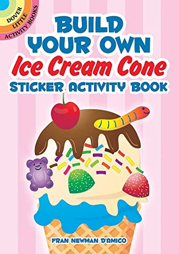 Ice cream cone sticker activity book with cherry, sprinkles, and toys.
