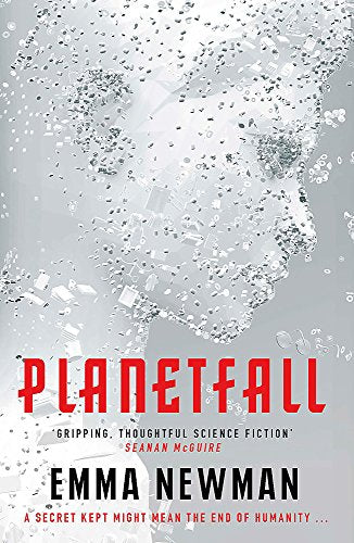 Book cover for “Planetfall” featuring a fragmented face and red title.