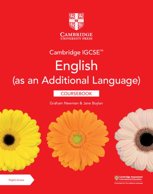 Red textbook cover with flowers and "Cambridge IGCSE English" title.