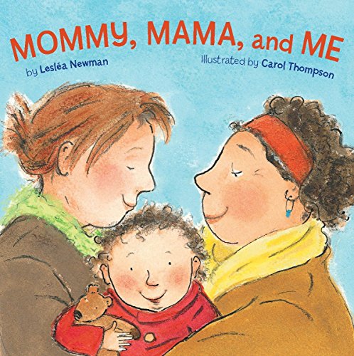 Book cover illustration of two mothers smiling at their young child holding a bear.