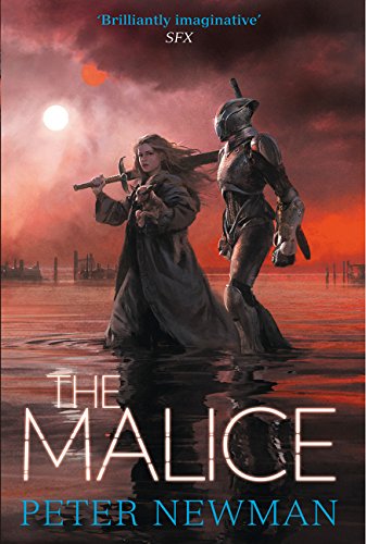 Fantasy book cover: woman and armored figure in a fiery, flooded landscape.