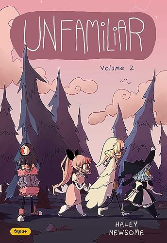 Four stylized characters walk through a forest under a pink sky on this book cover.
