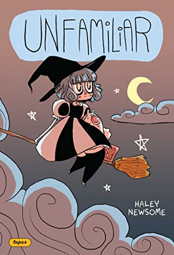 A cartoon witch with a small creature flies on a broomstick against a sky.