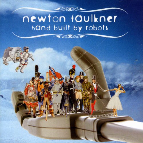 Album cover for Newton Faulkner’s “Hand Built By Robots” featuring figures and a hand.