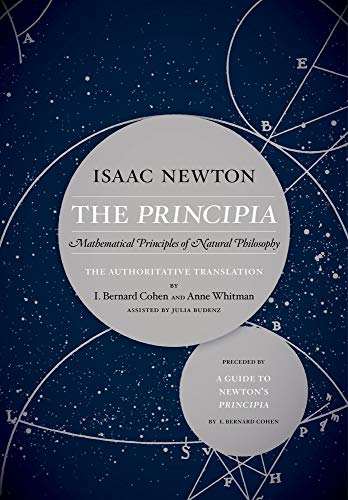 Book cover for "The Principia" by Isaac Newton, with celestial diagrams.