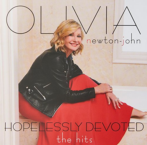 Olivia Newton-John wearing a black leather jacket and red skirt on a CD cover.