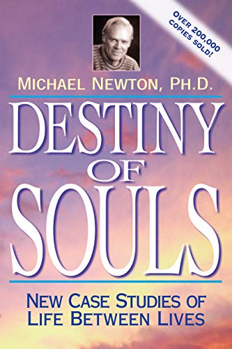Book cover for Destiny of Souls by Michael Newton featuring a sunset sky background.