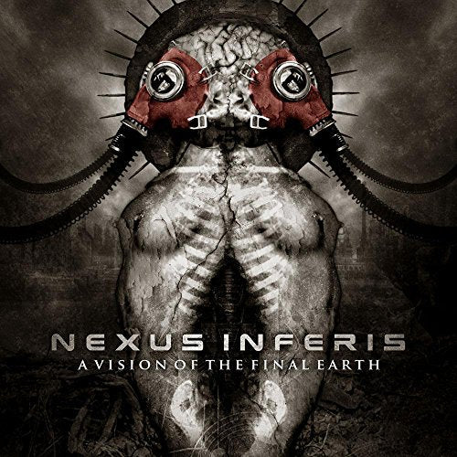 "Album cover with a grotesque, skeletal figure wearing a gas mask, dark background."