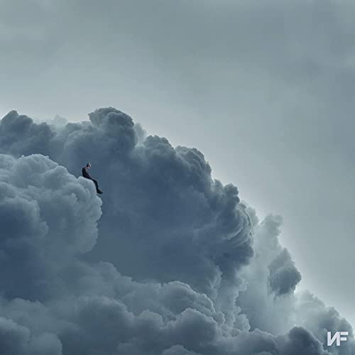 Person sitting on a cloud against a cloudy, grey sky.